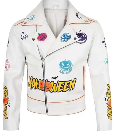 Halloween Pumpkin Asymmetrical White Leather Jacket