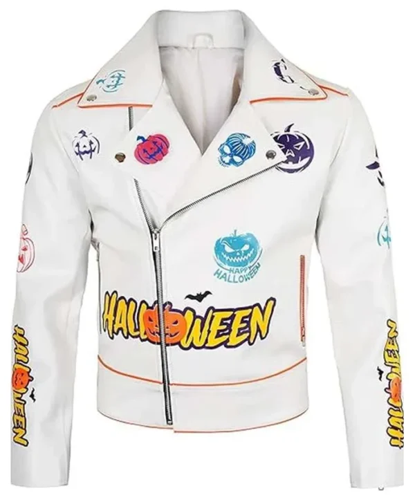 Halloween Pumpkin Asymmetrical White Leather Jacket