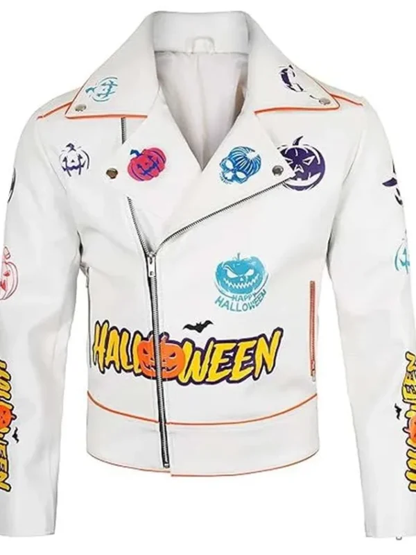 Halloween Pumpkin Asymmetrical White Leather Jacket