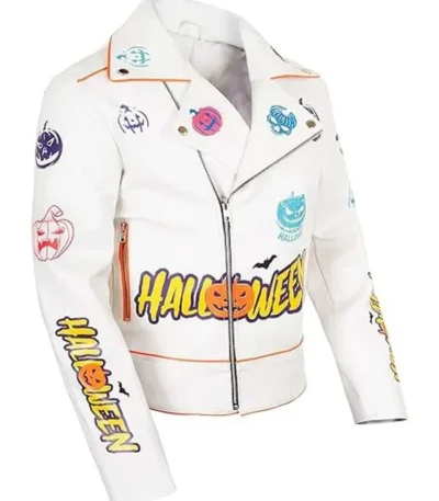 Halloween Pumpkin Asymmetrical White Leather Jacket