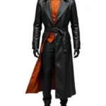 Halloween Pumpkin Black Leather Long Coat