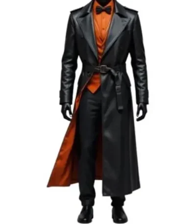 Halloween Pumpkin Black Leather Long Coat