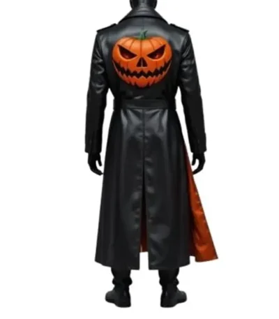 Halloween Pumpkin Black Leather Long Coat