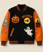 Halloween Pumpkin House Skeleton Varsity Jacket