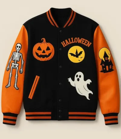 Halloween Pumpkin House Skeleton Varsity Jacket