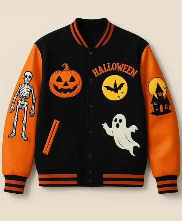 Halloween Pumpkin House Skeleton Varsity Jacket