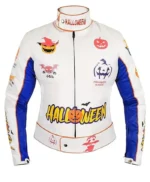 Halloween Pumpkin Printed White Leather Jacket