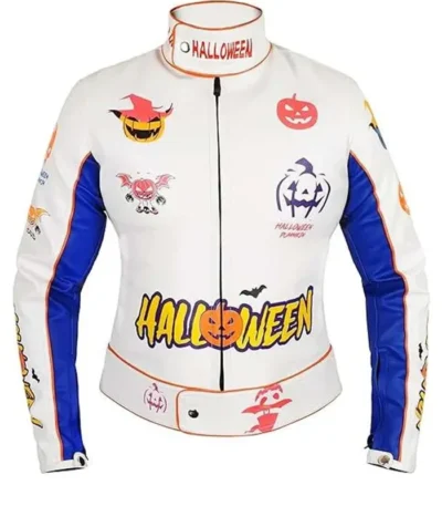 Halloween Pumpkin Printed White Leather Jacket
