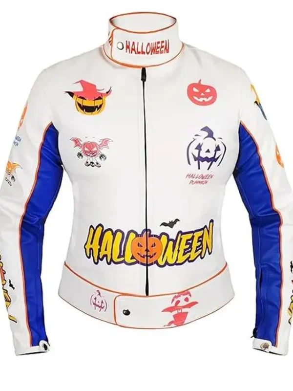 Halloween Pumpkin Printed White Leather Jacket