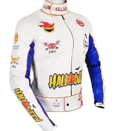 Halloween Pumpkin Printed White Leather Jacket