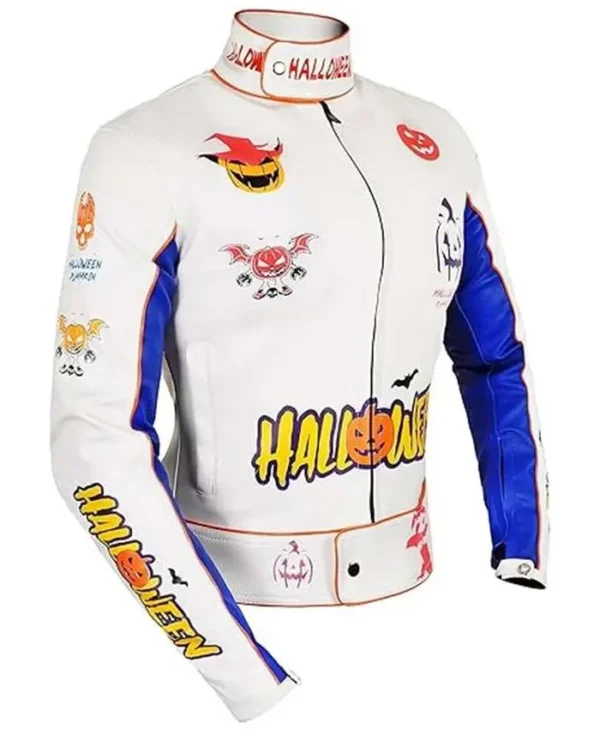 Halloween Pumpkin Printed White Leather Jacket