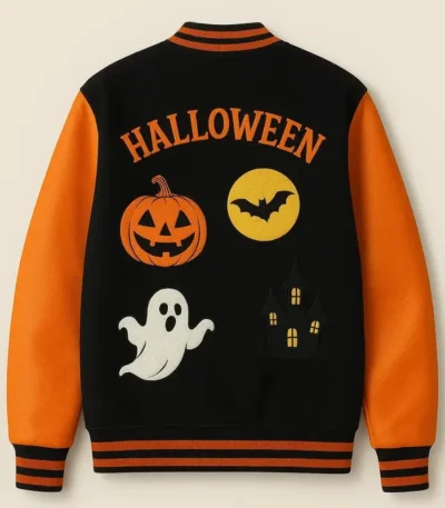 Halloween Pumpkin House Skeleton Varsity Jacket