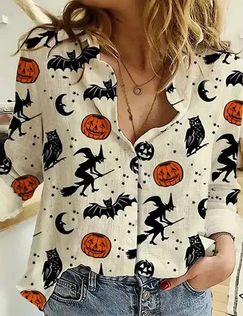 Halloween 2023 Spooky Cotton Print Shirt Halloween 2023 Spooky Cotton Print Shirt