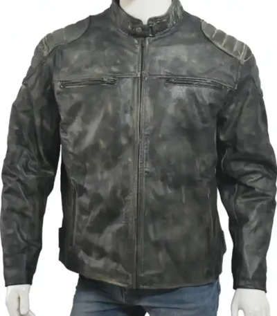 Hooligan Distressed Black Leather Quilted Cafe Racer Jacket