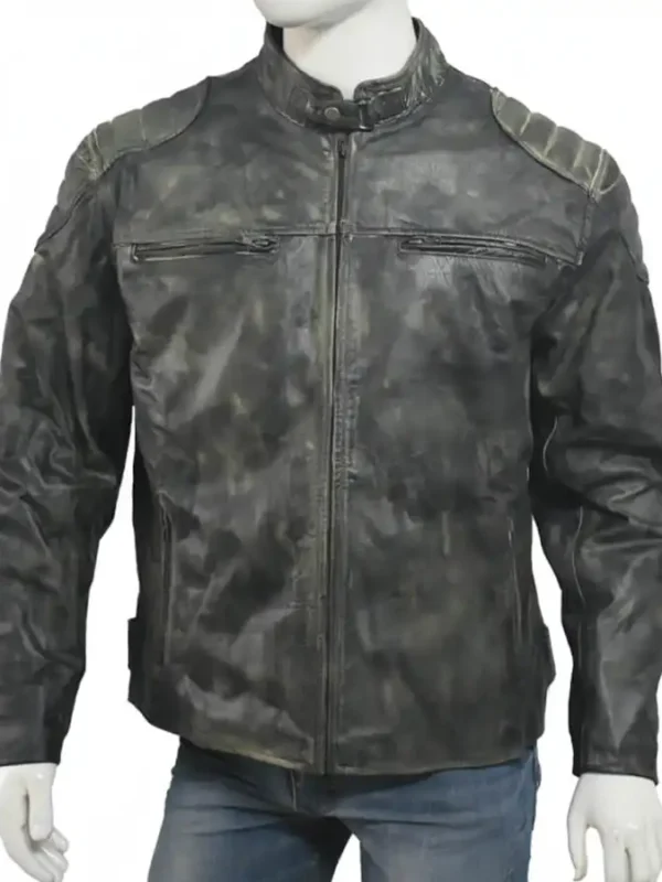 Hooligan Distressed Black Leather Quilted Cafe Racer Jacket