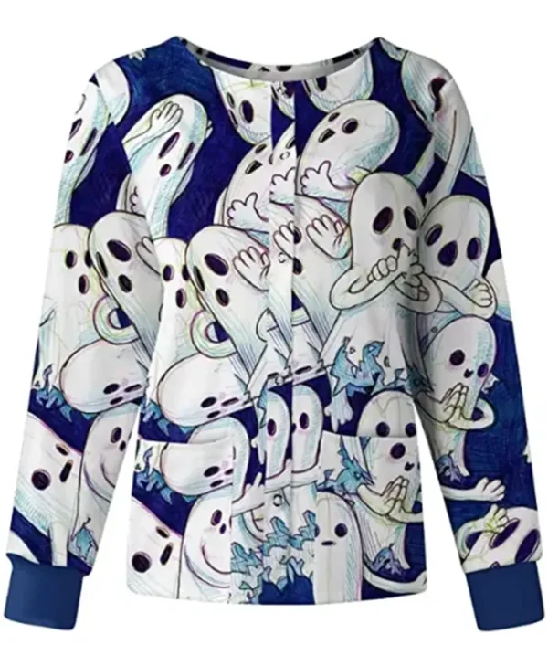 Huging Ghosts Blue Halloween Scrub Jacket