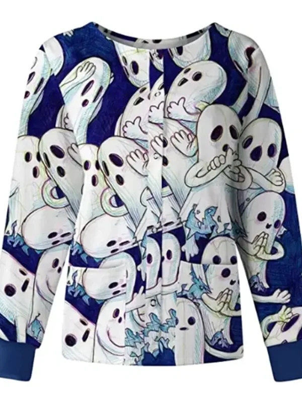 Huging Ghosts Blue Halloween Scrub Jacket
