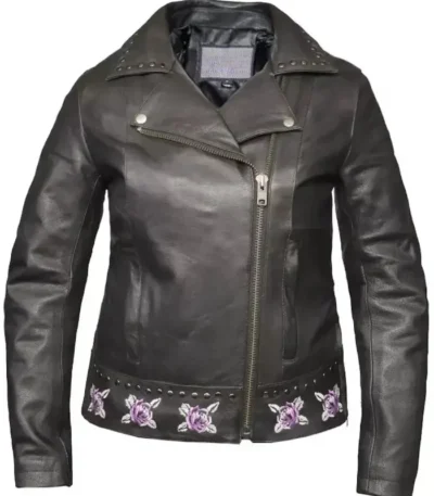 Ladies Biker Jacket with Purple Roses