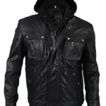 Men’s Brando Style Black Leather Hooded Motorcycle Jacket