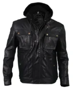Men’s Brando Style Black Leather Hooded Motorcycle Jacket