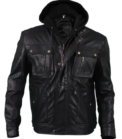 Men’s Brando Style Black Leather Hooded Motorcycle Jacket
