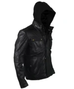 Men’s Brando Style Black Leather Hooded Motorcycle Jacket
