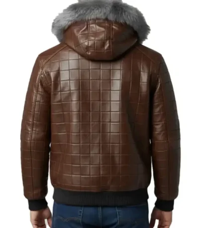 Men’s Brown Quilted Leather Fur Hood Jacket