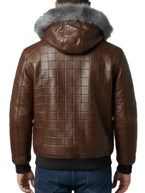 Men’s Brown Quilted Leather Fur Hood Jacket