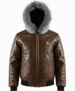 Men’s Brown Quilted Leather Fur Hood Jacket