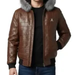 Men’s Brown Quilted Leather Fur Hood Jacket