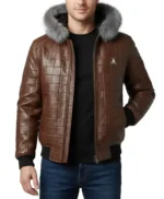 Men’s Brown Quilted Leather Fur Hood Jacket