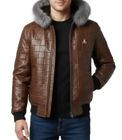 Men’s Brown Quilted Leather Fur Hood Jacket
