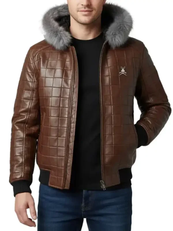 Men’s Brown Quilted Leather Fur Hood Jacket