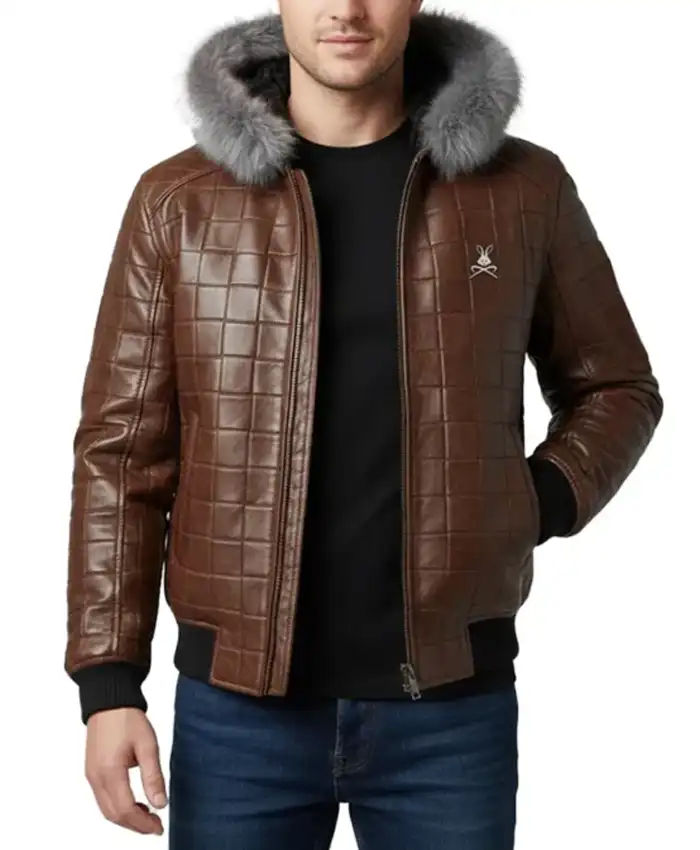 Men’s Brown Quilted Leather Fur Hood Jacket Men’s Brown Quilted Leather Fur Hood Jacket