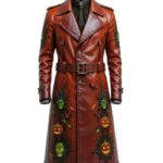 Men’s Gothic Halloween Pumpkin Brown Leather Long Coat