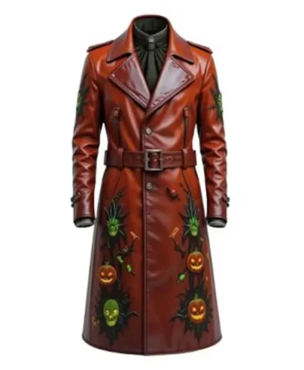 Men’s Gothic Halloween Pumpkin Brown Leather Long Coat