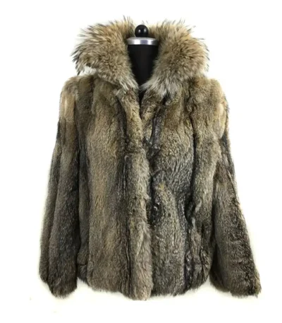 Mens Lynx Fur Fin Raccoon Collar Half Skins Grey Coat