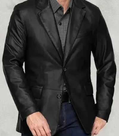 Mens Polo Black Leather Blazer Coat
