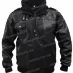 Mens Removable Hood Motorcycle Biker Bomber Black Jacket