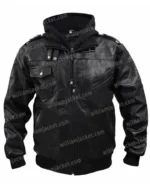 Mens Removable Hood Motorcycle Biker Bomber Black Jacket