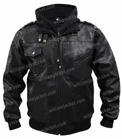 Mens Removable Hood Motorcycle Biker Bomber Black Jacket