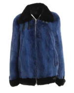 Mens and Womens Blue Hooded Mink Fur Jacket