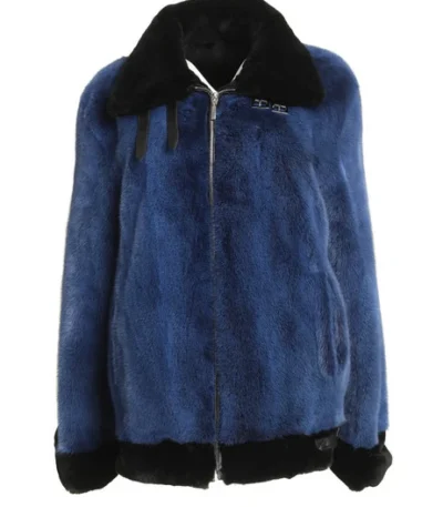 Mens and Womens Blue Hooded Mink Fur Jacket