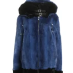 Mens and Womens Blue Hooded Mink Fur Jacket