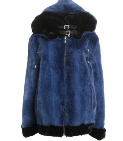 Mens and Womens Blue Hooded Mink Fur Jacket