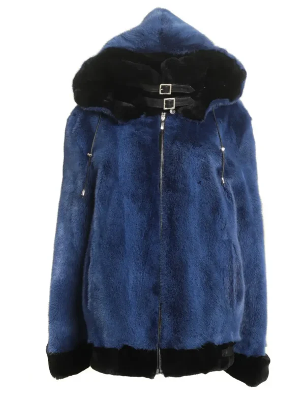 Mens and Womens Blue Hooded Mink Fur Jacket