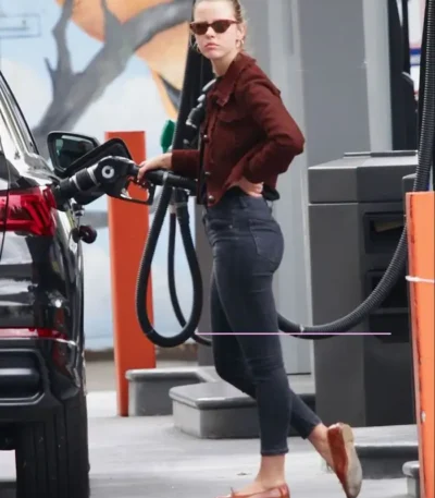 Mia Goth Gas Station Los Angeles Brown Jacket