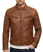 Miller Brown Distressed Waxed Men’s Leather Cafe Racer Jacket