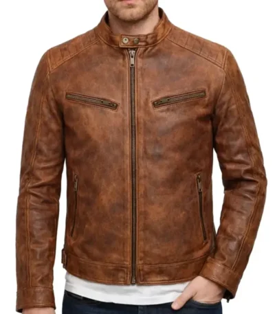 Miller Brown Distressed Waxed Men’s Leather Cafe Racer Jacket