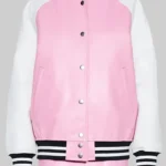 Pink And White Varsity Bomber Leather Jacket With Rib Knitted Collar